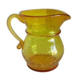 Vintage Amber Yellow Crackle Glass Mini 3.5" Pitcher Creamer With Handle